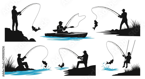 Collection of Silhouettes Depicting Various Fishing Activities and Sceneries.