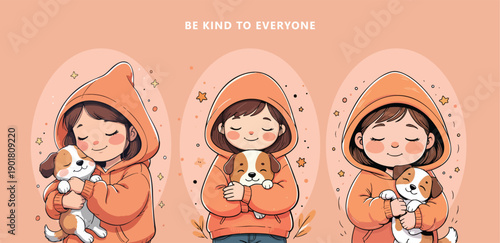 Cute Cartoon Illustration of Girls Hugging Dogs with Positive Message