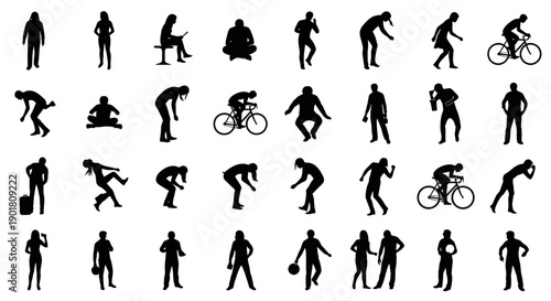 A collection of black silhouettes of people in various poses and activities, including cycling, bending, and standing.