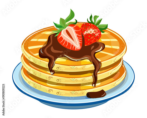 Fluffy pancakes topped with fresh strawberries and chocolate sauce for a delicious and sweet morning berry breakfast - Vector Illustration