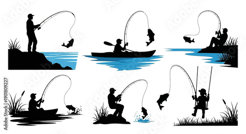 Collection of Silhouettes Depicting Various Fishing Activities and Sceneries.
