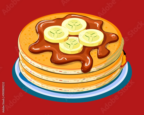 Sweet pancake stack topped with banana slices and drizzled with chocolate syrup for a classic breakfast treat - Vector Illustration