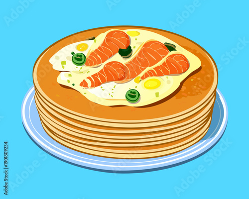 Savory breakfast pancakes topped with fried egg and fresh shrimp for a unique seafood morning meal experience - Vector Illustration