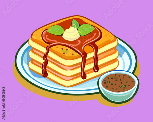 Thick waffles topped with melting butter and drizzled with rich chocolate sauce for a decadent breakfast dessert - Vector Illustration