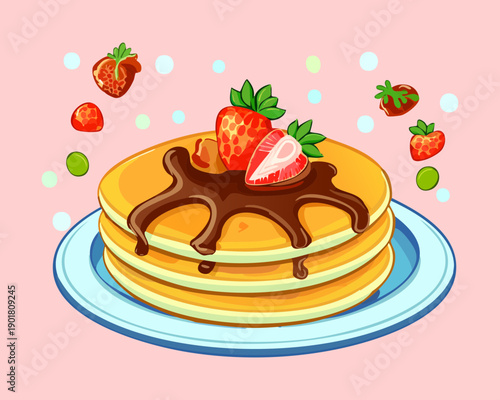 Sweet pancake stack topped with strawberries and drizzled with chocolate sauce for a delicious morning berry treat - Vector Illustration