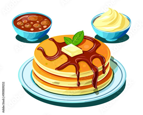Classic pancakes topped with melting butter and served with multiple dipping sauce bowls for a diverse breakfast - Vector Illustration