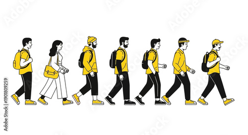 A diverse group of people, including men and women of various ages and ethnicities, walking together with backpacks and bags.