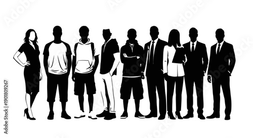 A diverse group of silhouetted individuals standing in a line, showcasing various styles of dress and ages.