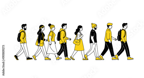 A diverse group of people walking in a line, all dressed in yellow and black.