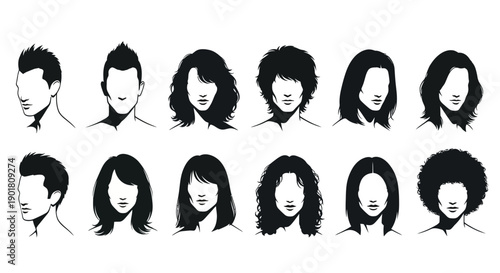 Collection of diverse hairstyles for men and women, showcasing various lengths and textures.