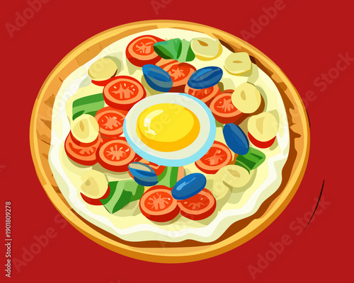Vegetarian breakfast pizza topped with fresh tomatoes olives and a fried egg for a savory morning dish - Vector Illustration