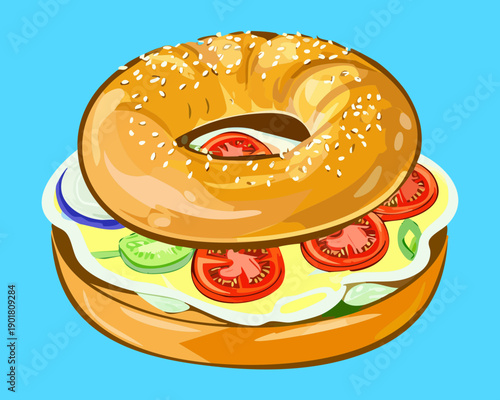 Gourmet bagel sandwich filled with fresh tomatoes and lettuce for a healthy and satisfying lunch menu option - Vector Illustration