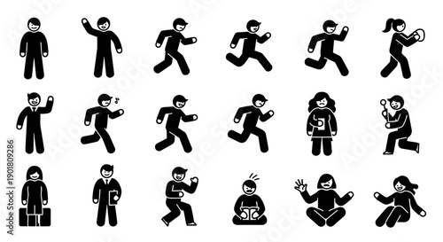 Collection of diverse stick figure icons depicting various human actions and poses, including running, waving, and meditating.