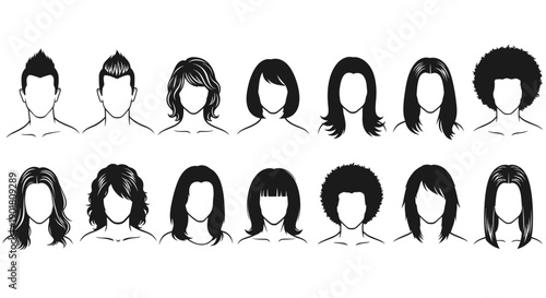 Collection of diverse hairstyles for men and women, showcasing various lengths and textures.