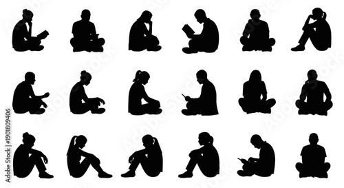 Silhouettes of people sitting on the floor, some reading books or looking at their phones.