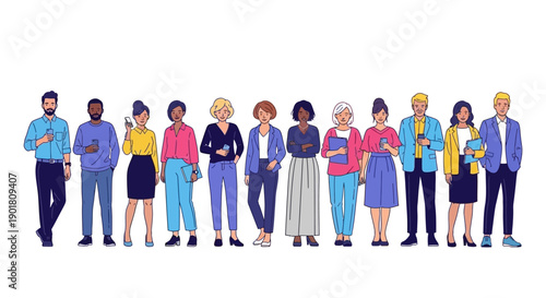 A diverse group of men and women of various ages and ethnicities standing in a line, each holding a smartphone.