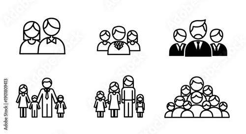 A collection of six diverse line art icons representing different family and group sizes, from couples to larger gatherings.