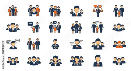 Collection of diverse flat icons representing people in various group formations and individual portraits.