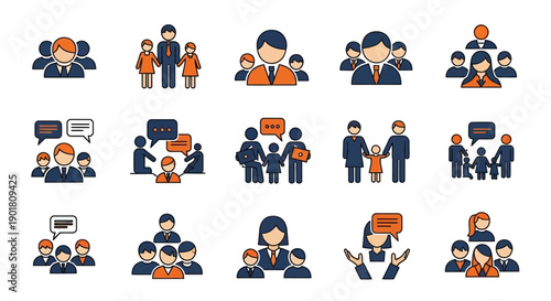 Collection of flat design icons representing diverse groups of people in various social and professional settings.