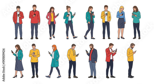 A diverse group of men and women of various ages and ethnicities are depicted standing and looking at their smartphones, illustrating modern communication and digital engagement.