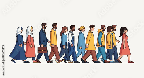 A diverse group of people of various ethnicities and genders walking in a line, representing diversity and inclusion.