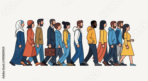 A diverse group of people of various ages, genders, and ethnicities walking in a line, representing unity and community.