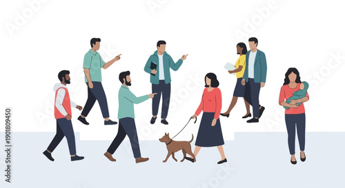 A diverse group of people walking and interacting in a stylized, minimalist setting with a dog.