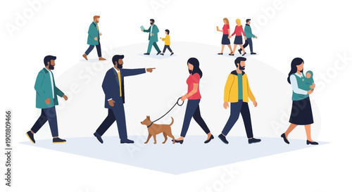 A diverse group of people and a dog walking in different directions on a light blue circular platform.