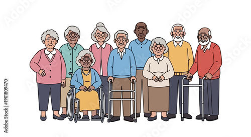 A diverse group of elderly people, some using mobility aids like wheelchairs and walkers, standing together.