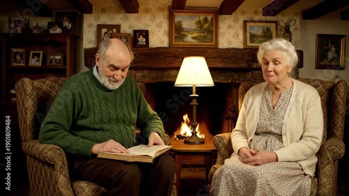 Elderly Couple Reading Together by Fireplace.
