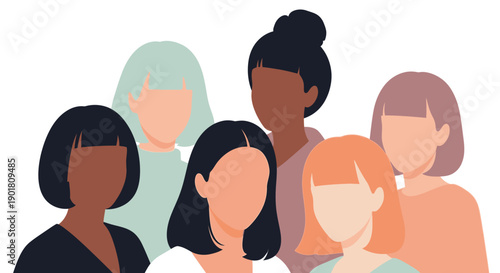 A diverse group of women with different skin tones and hairstyles, depicted in a minimalist, flat illustration style.
