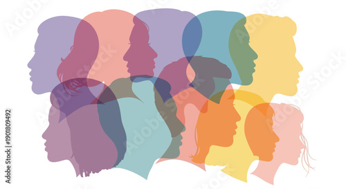 A vibrant collage of overlapping silhouettes of diverse human profiles in various colors, symbolizing unity and diversity.