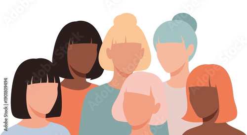 A diverse group of women with different skin tones and hairstyles standing together.
