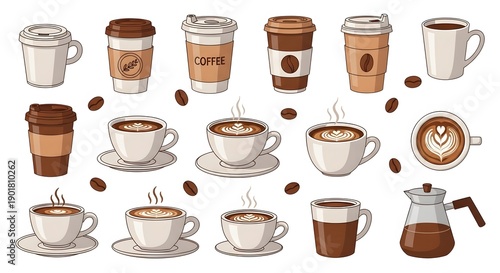 Wallpaper Mural AI-Generated Coffee Cup Vector Set with Latte Art, Takeaway Cups, Coffee Beans and Cafe Drinks, Flat Cartoon Illustration Isolated on White Background Torontodigital.ca