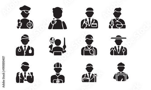 Profession icons set depicting various jobs and careers such as doctors chefs engineers scientists artists builders and nurses for human resources and professional services