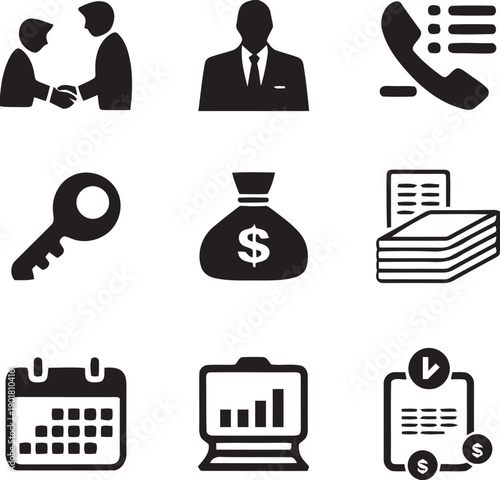 Professional business planning icons including calendar events meeting handshakes financial reports key success factors money bags executive portraits presentation slides administrative tools set