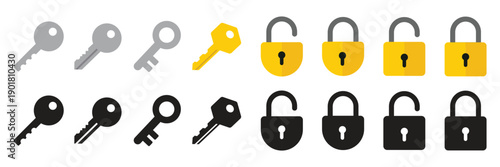 Various key vector icons illustrating concepts like security, privacy, access, unlock, password, solution, success, digital protection. bike and car keys icon for security access, locking mechanism