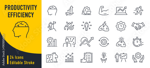 Productivity efficiency icons set, brain, growing chart, gear, arm muscle, speed runner, handshake, lightbulb, meeting, target, brain cogwheel, editable stroke vector icons