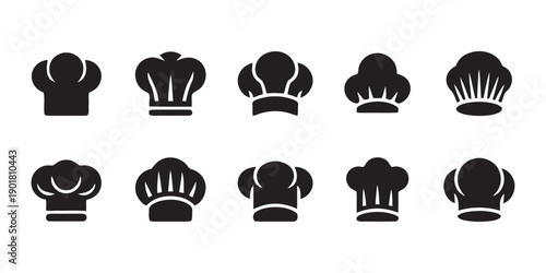 Professional chef hat icons set featuring various styles of kitchen headwear culinary apparel restaurant uniform bakery equipment catering accessories cookery clothing gourmet chef symbols collection