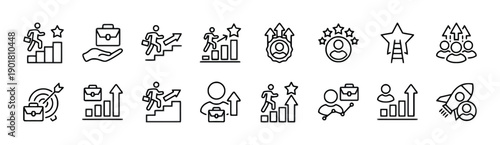 Professional career growth icons set featuring business people climbing stairs reaching star achieving goals success development corporate path improvement leadership motivation progress competition