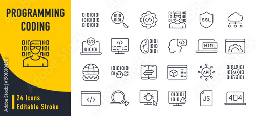 Programming and coding icons with editable stroke, illustrating software development concepts, data, and web technologies in a clean outline style