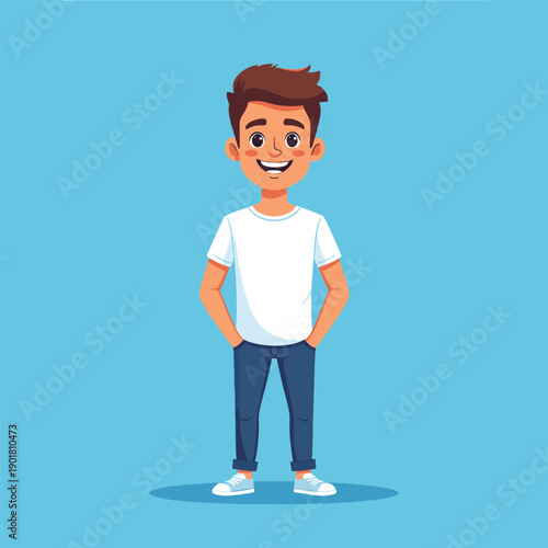 A cartoon illustration of a smiling young man standing with hands in pockets on a teal background