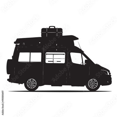 Silhouette of a camper van with luggage on top