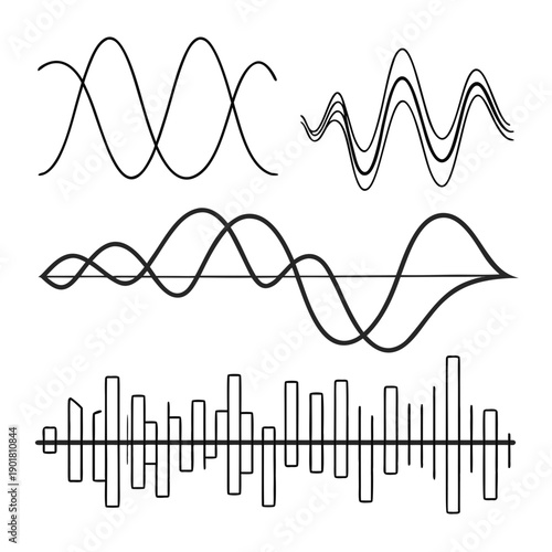 Diverse waveforms and sound patterns showcasing various audio frequencies and amplitudes Vector