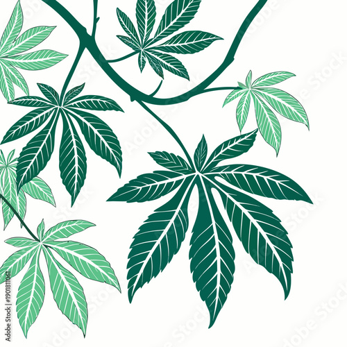 A close-up view of a leafy branch with vibrant green foliage and intricate venation. Vector
