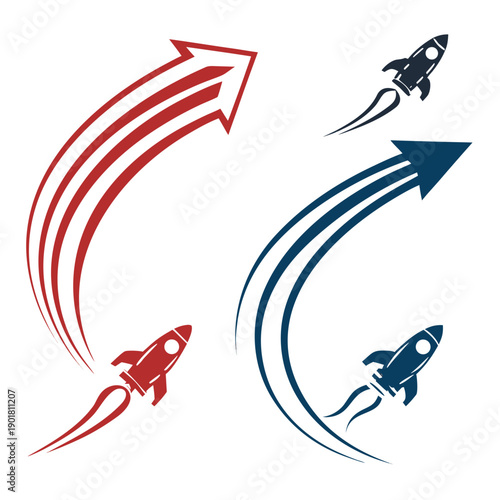 Three rockets flying in different directions with colorful trails Vector