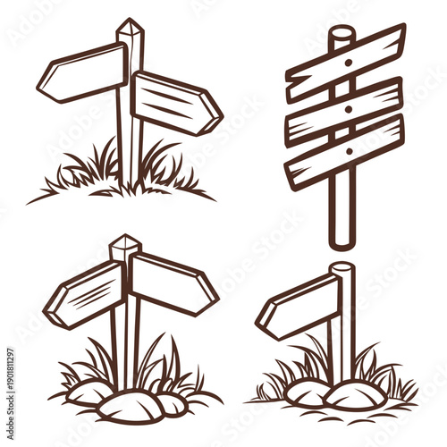 Four distinct signs pointing in different directions on a grassy terrain Vector