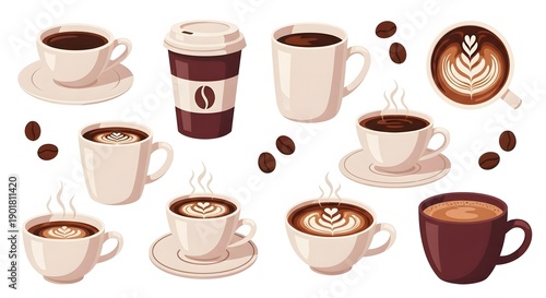 Wallpaper Mural Coffee Cup Vector Set with Latte Art, Takeaway Cups, Coffee Beans and Cafe Drinks, Flat Cartoon Illustration Isolated on White Background Torontodigital.ca