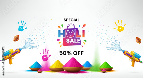 Holi sale colorful shopping promotion banner with festive colors water guns powder bowls indian festival celebration marketing design background