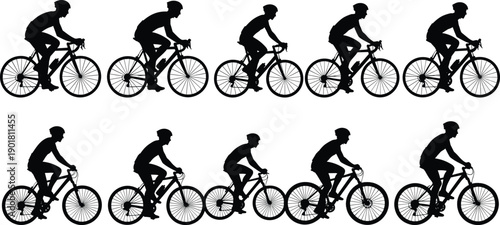 Collection of Professional Cyclist Silhouettes Vector Illustration Isolated on White Background Detailed Black Male Figures for Sports Fitness Training and Urban Biking Design